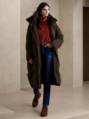 Banana Republic Long Puffer Coat with Faux Fur Hood Collar - Roasted Cacao (XS)